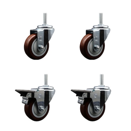 Service Caster 35 Inch Maroon Polyurethane Wheel Swivel 58 Inch Threaded Stem Caster Set 2 Brakes SCC SCC-TS20S3514-PPUB-MRN-58212-2-PLB-2